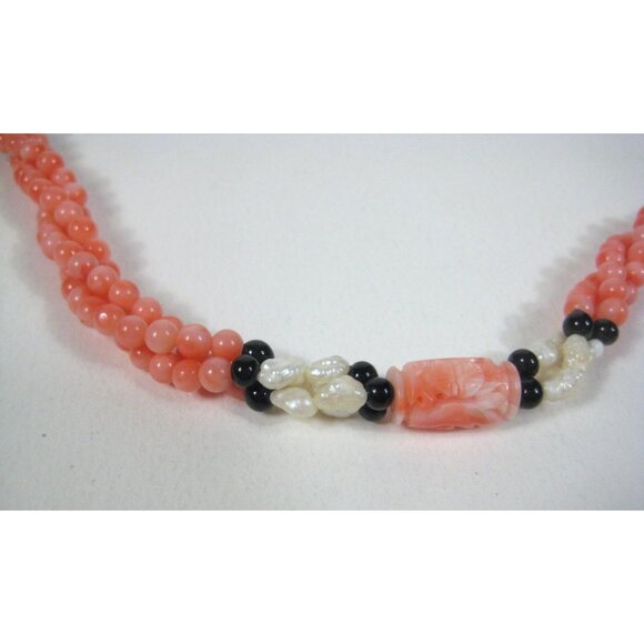 Vintage Coral Carved Bead Necklace Multi Strand Fresh Water Pearls 25 inch - Picture 13 of 13